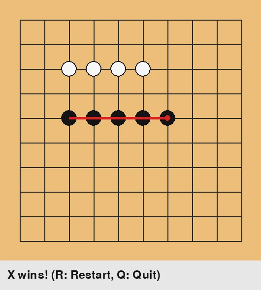 A completed Gomoku game showing five black stones in a row, a red winning line, and restart controls